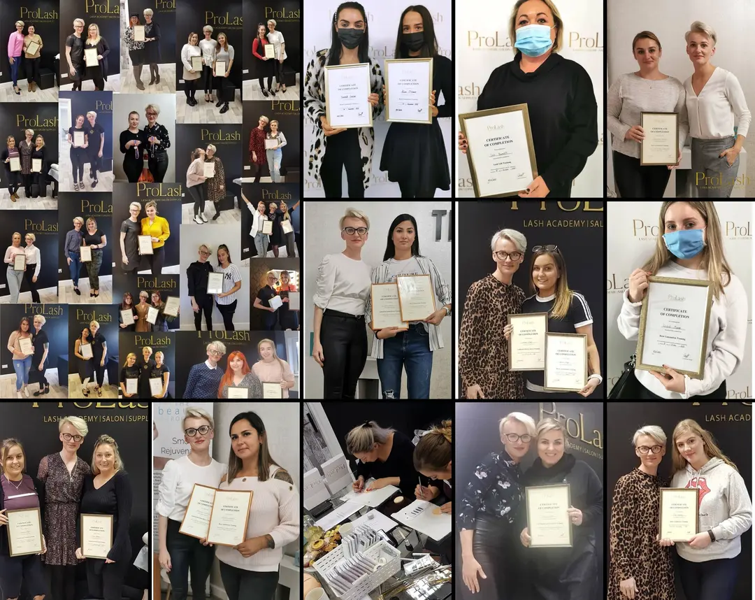 Collage of ProLash Ireland graduates holding their certificates of completion with trainer Magdalena Czajor, and students practising at a training table