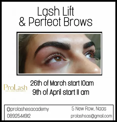 ProLash flyer for a Lash Lift and Perfect Brows course in Naas, with a lash lift and brow result photo