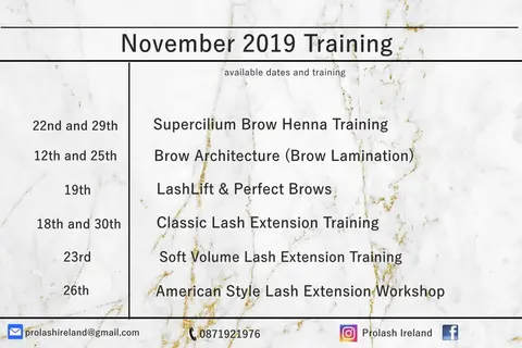 ProLash November 2019 training plan listing Supercilium Brow Henna Training and other courses